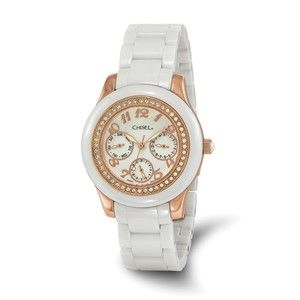 Ladies Chisel Rose IP-plated White Dial Ceramic Wrist Watch, 8 inch Length